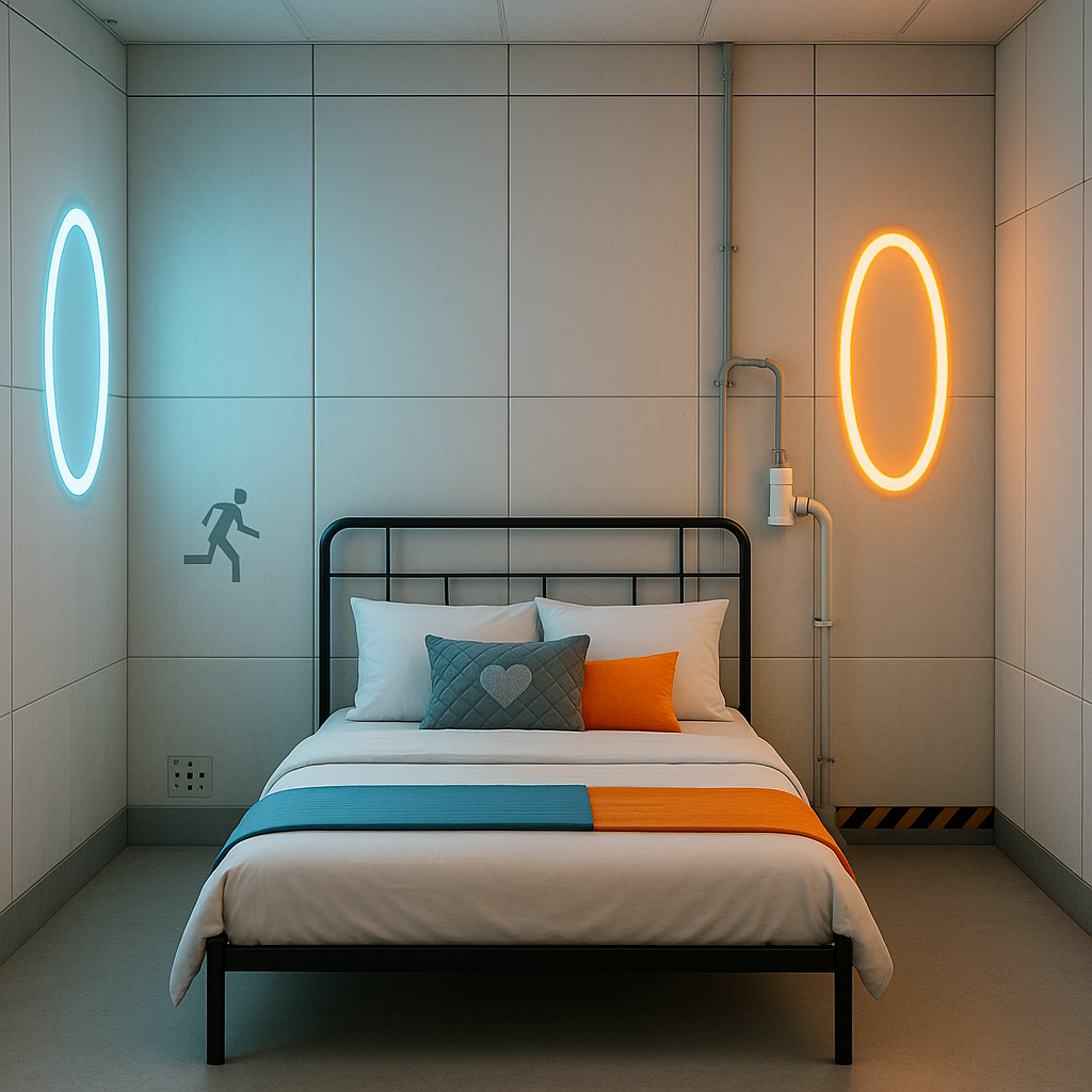 Portal‑inspired DIY bedroom with white panel walls, blue and orange LED ring accents, minimalist